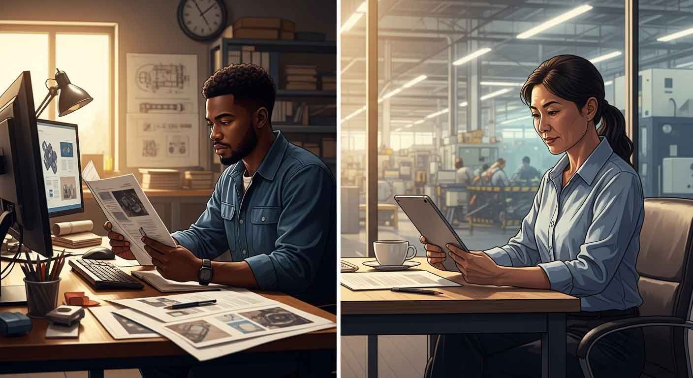 A mechanical engineer in an engineering office and a plant manager in a facility office, both independently researching technical content during supplier evaluation.