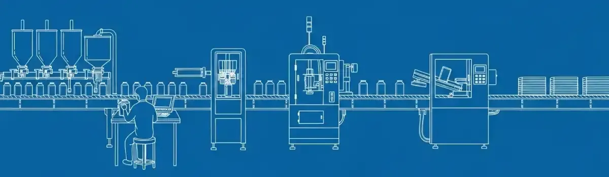 Production line filling and packaging products with labeling equipment, quality control inspection, and finished packaged goods