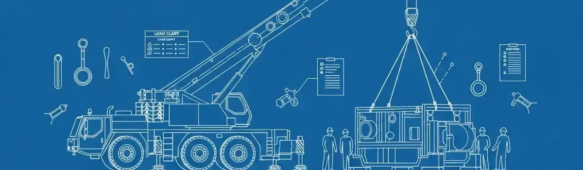 Mobile crane lifting heavy industrial equipment with rigging specialists, load charts, slings, and safety inspection documentation