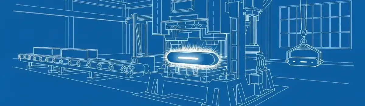 Hydraulic forging press shaping heated metal billet with hammer dies, showing grain flow and precision forging operation