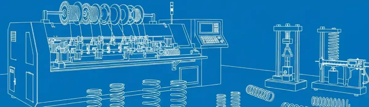 CNC spring coiling machine forming precision springs with various wire diameters, finished springs, and testing equipment visible