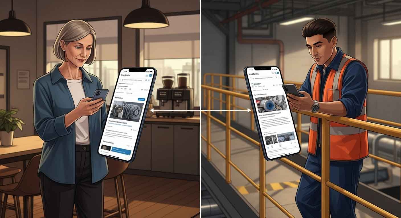 A procurement director in a corporate break room and a maintenance engineer on an industrial catwalk, both pausing on a sponsored LinkedIn post while scrolling their phones.