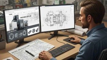 Design engineer reviewing machining supplier website on monitor with CAD drawing and materials