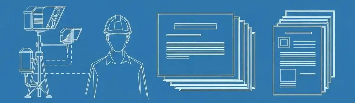 Environmental consultant reviewing air quality monitoring equipment, emissions reports, and regulatory compliance documentation