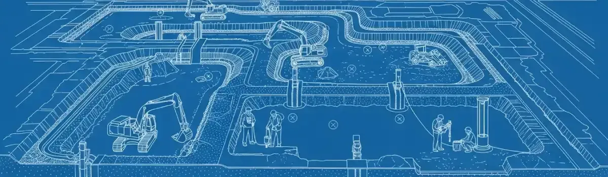 Soil remediation site with excavation equipment, containment systems, groundwater monitoring wells, and sampling procedures