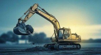 Hydraulic excavator mid-swing on a grading site, bucket loaded at full extension