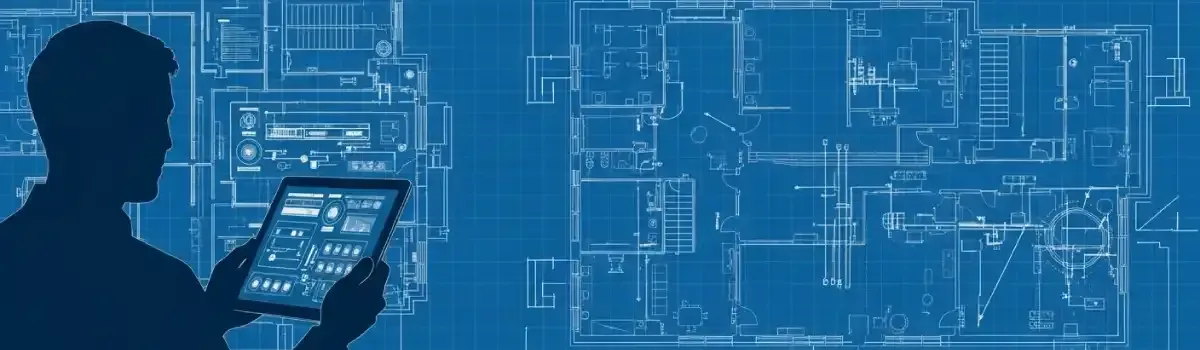 Facilities manager reviewing building systems on tablet with maintenance schedules, CMMS software, and commercial property operations