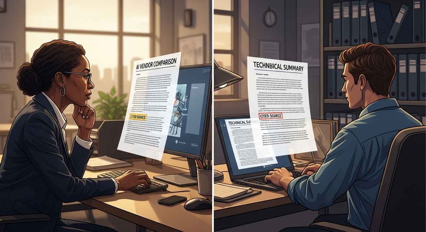 Sourcing manager reading AI vendor comparison document with cited source highlighted and reliability engineer watching technical summary generate with cited source on screen