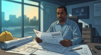 Commercial construction site with general contractor reviewing multiple subcontractor bids