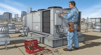 Commercial HVAC technician performing scheduled preventative maintenance inspection on rooftop unit.