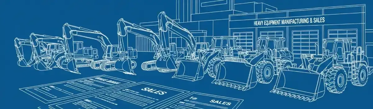 Heavy equipment dealership showing excavators, bulldozers, loaders, construction machinery, and sales documentation on display