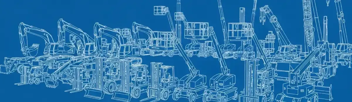 Industrial equipment yard showing excavators, forklifts, aerial lifts, cranes, and heavy construction machinery available for rental
