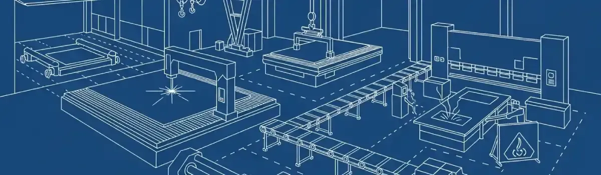 CNC plasma cutting thick steel plate with fabricator welding heavy gauge structural components in manufacturing facility