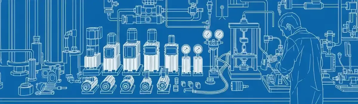 Hydraulic repair technician servicing industrial cylinders, pneumatic control valves, pressure testing equipment, and fluid power systems