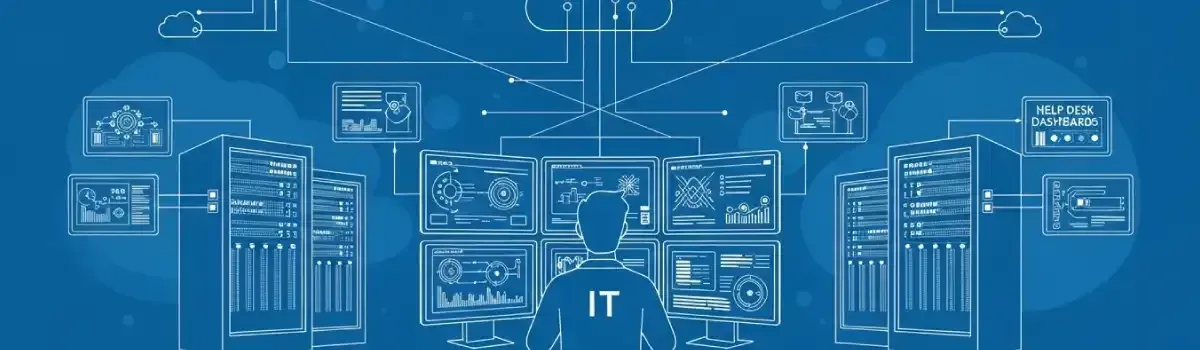 IT technician monitoring network operations center with server racks, cybersecurity dashboards, help desk systems, and cloud infrastructure
