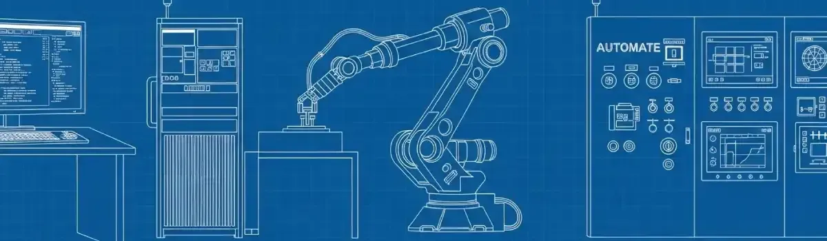 PLC programming station with ladder logic displayed, industrial robot arm, automated control panels, and HMI touchscreens