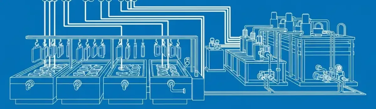 Metal parts suspended in electroplating tanks with electrical connections, chemical bath systems, and quality control testing