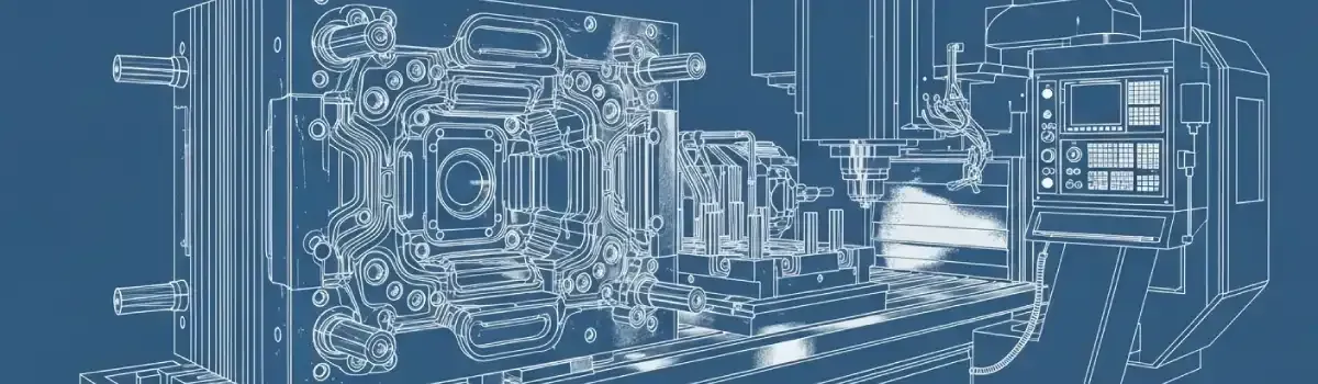 Large steel mold assembly showing cavity details, ejector pins, and cooling channels on industrial machining center