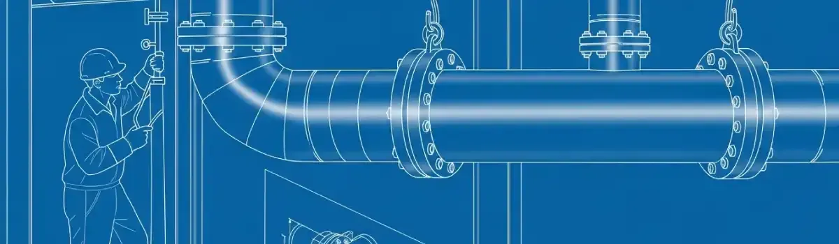 Industrial pipefitter installing large diameter stainless steel process piping with welded flanges, hangers, and isometric drawings