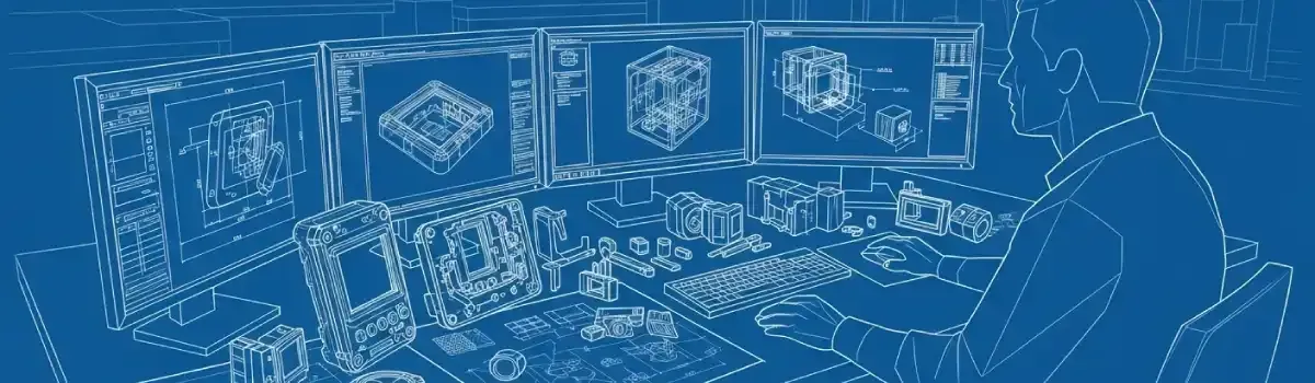 Industrial designer at CAD workstation creating 3D product models with prototype components and design specification drawings