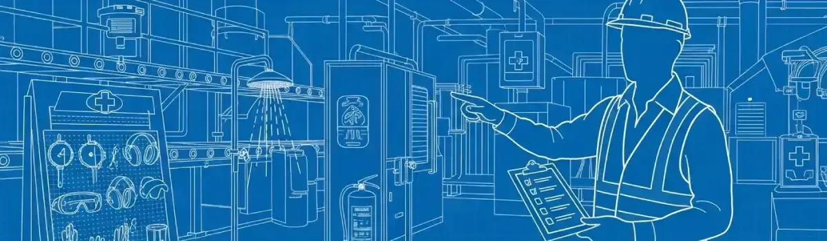 Safety consultant conducting facility inspection with hard hat, safety equipment, hazard assessment checklist, and PPE display