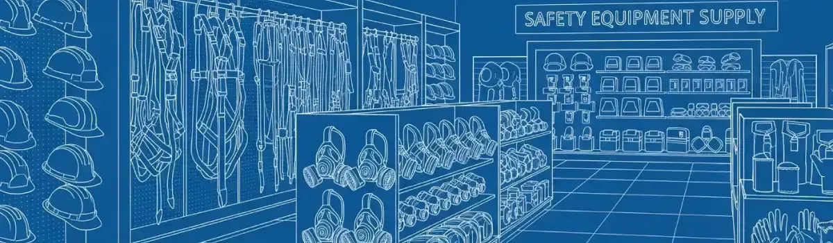 Safety equipment showroom displaying hard hats, fall protection harnesses, respirators, PPE gear, and OSHA compliance signage
