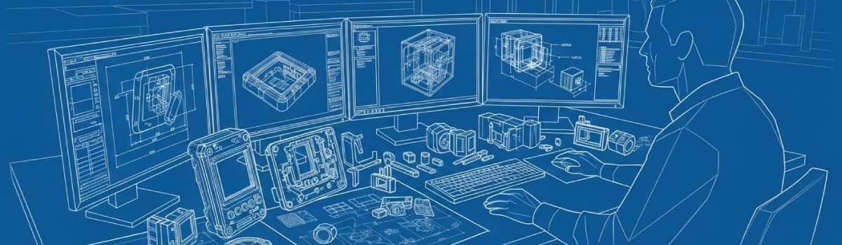 Industrial designer at CAD workstation creating 3D product models with prototype components and design specification drawings