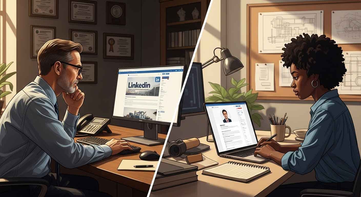 Operations VP reviewing LinkedIn company page on desktop and project engineer taking notes while reviewing LinkedIn supplier profile on laptop