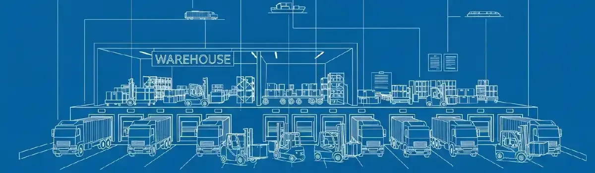 Warehouse distribution center with forklifts loading freight, inventory management systems, shipping documentation, and logistics coordination