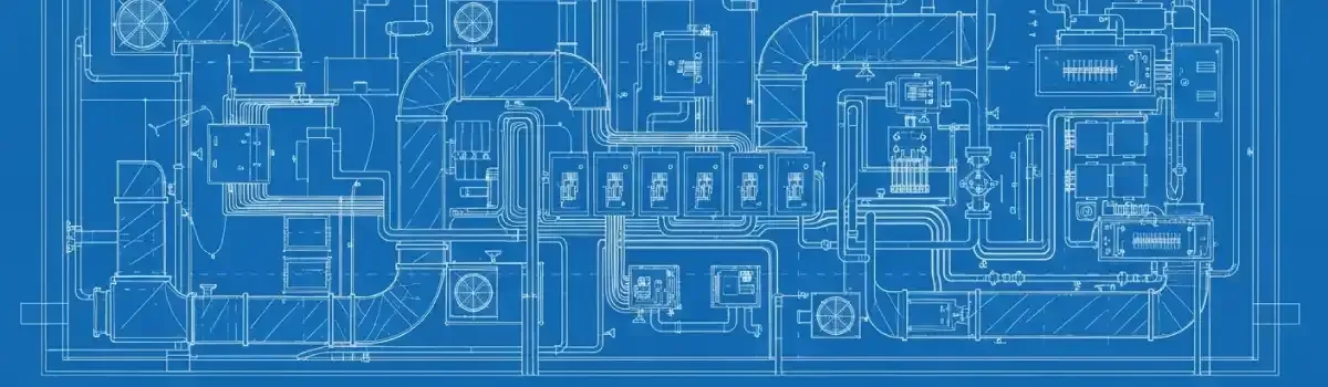 Engineering blueprints showing HVAC ductwork layouts, electrical panels, and plumbing systems for commercial building infrastructure