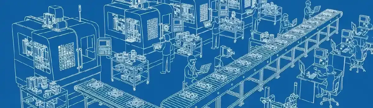 Modern manufacturing floor with CNC machines, assembly lines, quality control stations, and workers monitoring automated production equipment