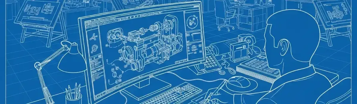 CAD workstation displaying 3D mechanical assembly designs with engineer reviewing technical specifications and calculations
