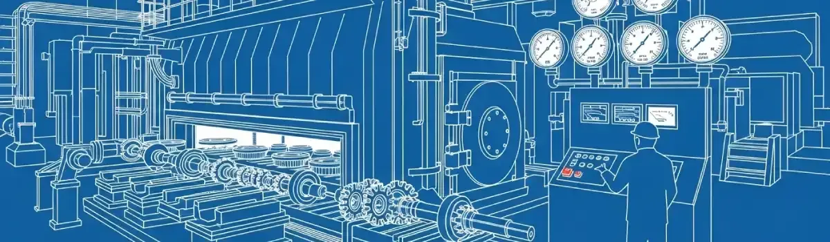 Industrial heat treating furnace with glowing metal components, temperature gauges, and operator monitoring thermal processing equipment