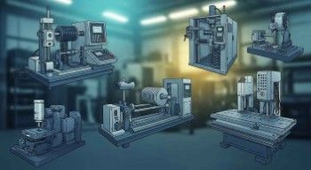 Diverse industrial manufacturing operations showing calibration equipment, and spring coiling