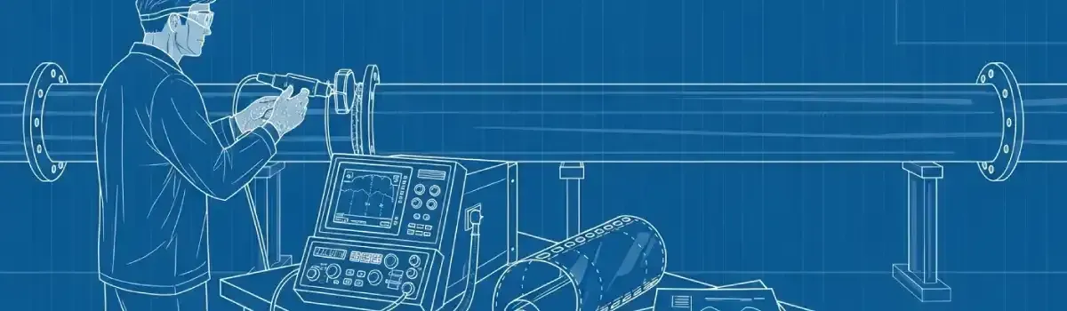 NDT technician performing ultrasonic testing on welded pipe with UT equipment, radiographic film, and inspection documentation
