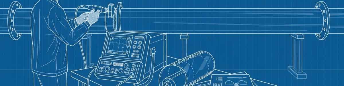 NDT technician performing ultrasonic testing on welded pipe with UT equipment, radiographic film, and inspection documentation