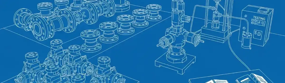 Oilfield drilling equipment manufacturing showing wellhead assemblies, pressure valves, API-certified components, and testing documentation