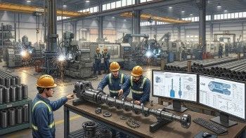 Oilfield equipment manufacturing facility floor with workers inspecting downhole tools.