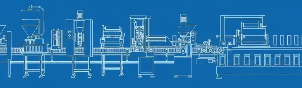 Automated packaging line showing filling equipment, sealing stations, labeling systems, and finished packaged products