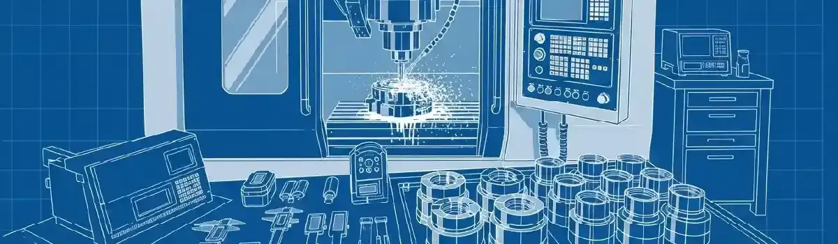 CNC machining center cutting precision metal parts with coolant spray, finished components, digital calipers, and quality inspection equipment