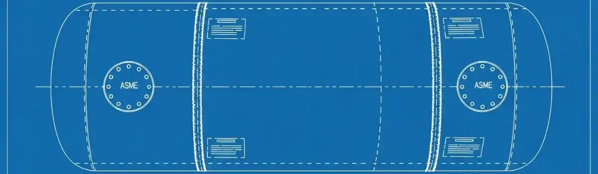 Large cylindrical pressure vessel under construction showing welded seams, ASME code stamps, and inspection documentation
