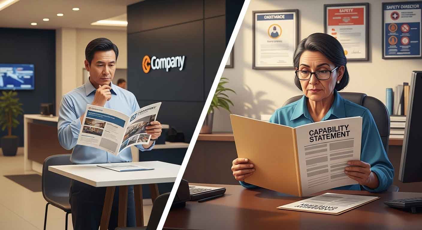 Procurement manager reviewing supplier brochure in corporate lobby and safety director reading capability statement in plant administrative office