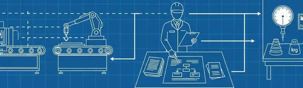 ISO 9001 quality audit in manufacturing facility with inspector reviewing process documentation and measurement systems