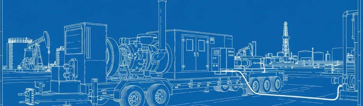 Trailer-mounted gas turbine generator at an industrial site providing mobile power for oil and gas operations