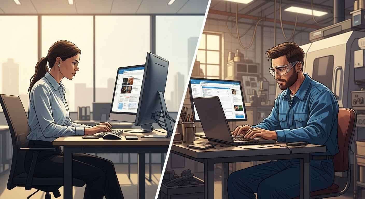 A procurement manager in a corporate office and an operations manager on a manufacturing shop floor both searching online for industrial suppliers.