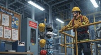 Industrial worker wearing full PPE on refinery walkway with safety equipment and compliance document