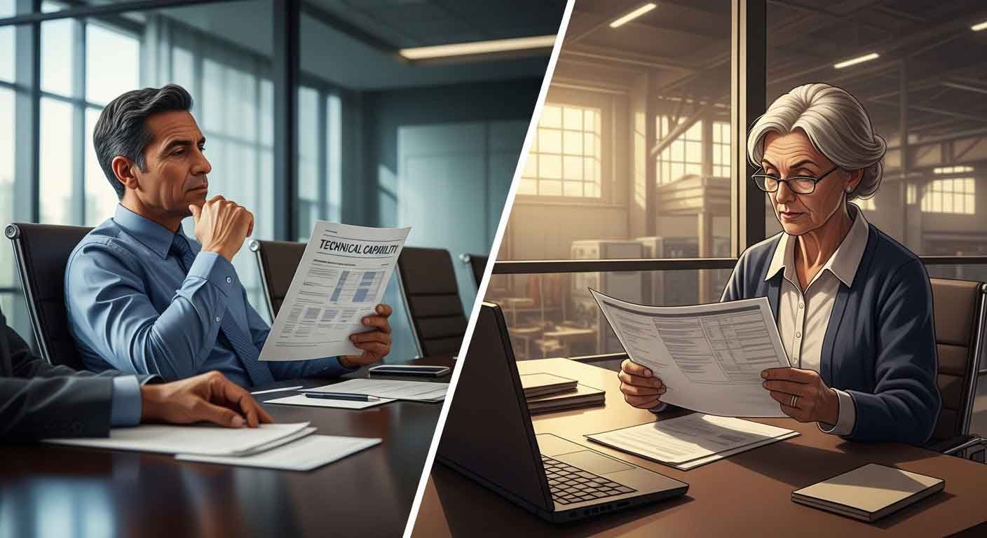 A purchasing manager in a corporate conference room and an operations director on an industrial mezzanine, both reviewing vendor technical documents during supplier evaluation.