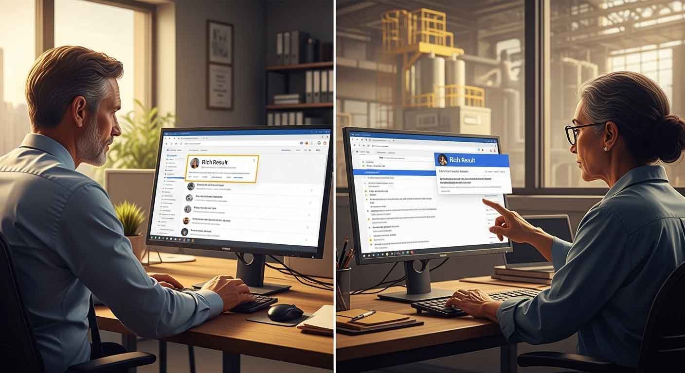 Sourcing manager and engineering director both clicking on rich result enhanced search listing above standard organic results