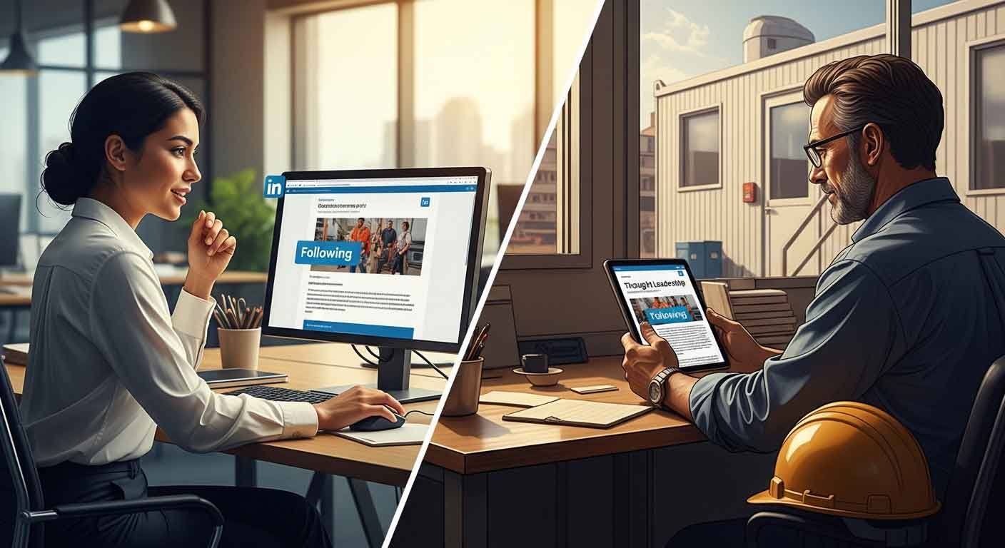 Business development manager reading LinkedIn company post with Following button visible and plant manager reviewing thought leadership content on tablet in site office