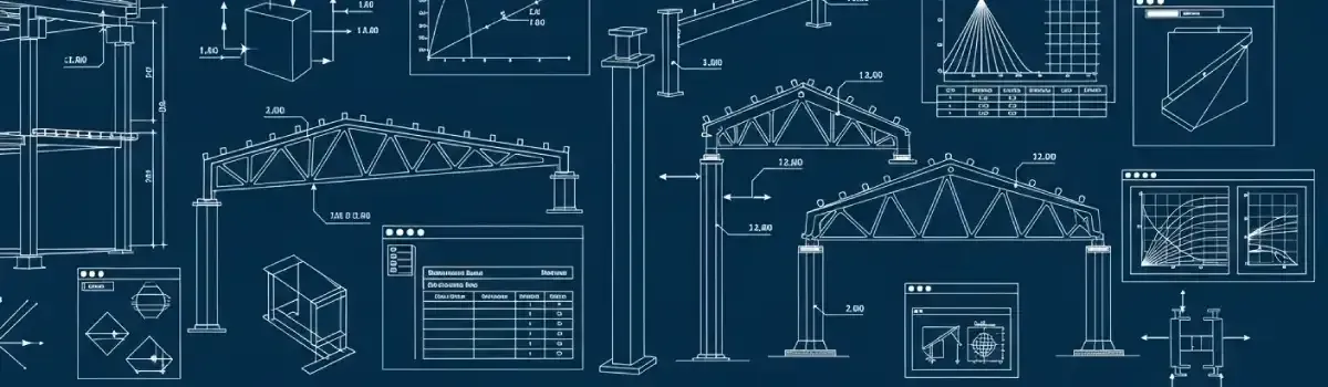 Structural steel beam calculations, building frame analysis software, and construction drawings showing load-bearing specifications